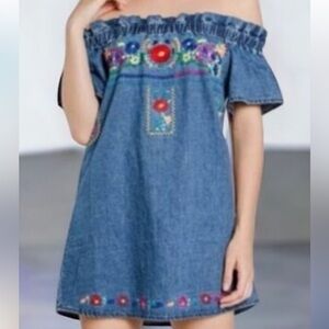 Karlie Embroidered Off Shoulder Denim Dress | Boho Mini Dress
